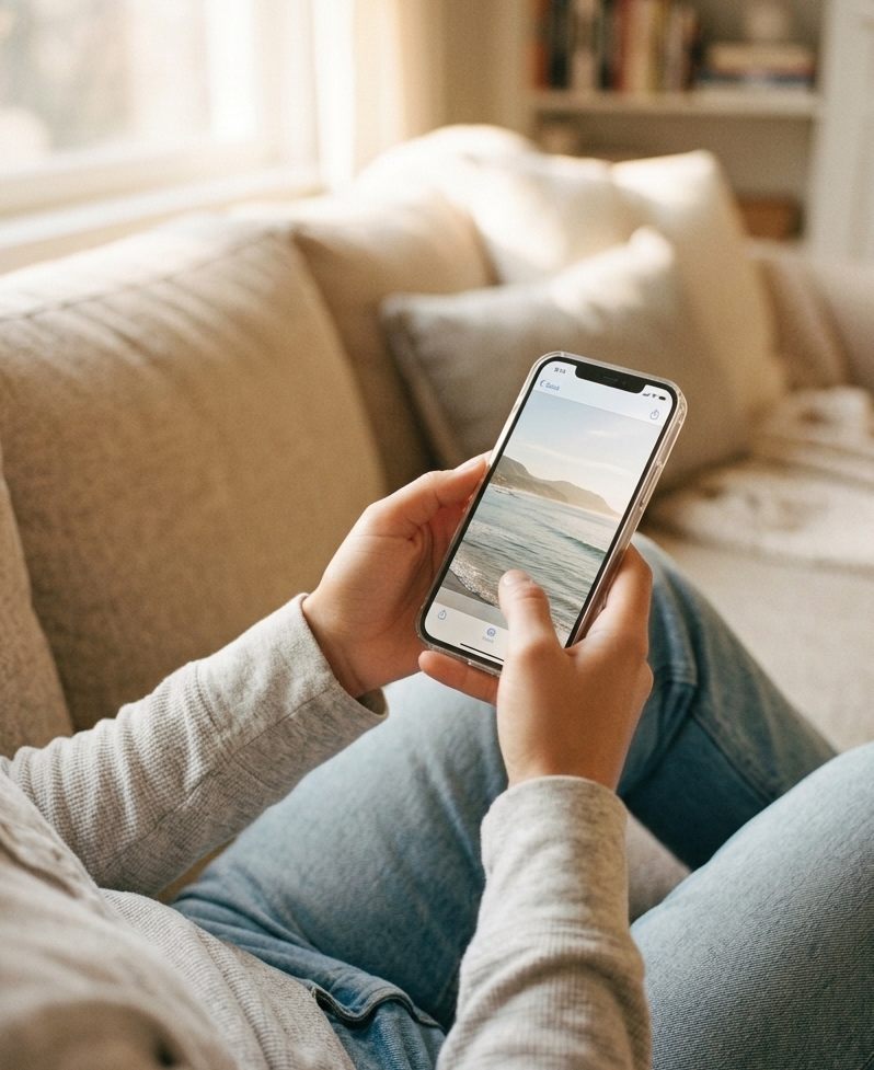 Relaxed person browsing their photo gallery on a phone
